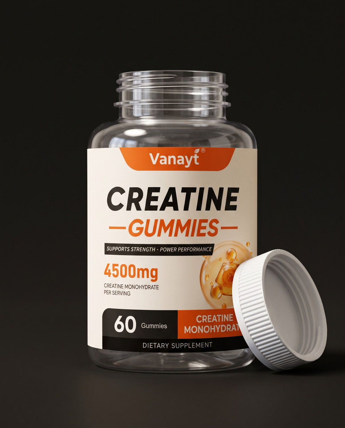 An empty Vanayt creatine gummies bottle with its cap off