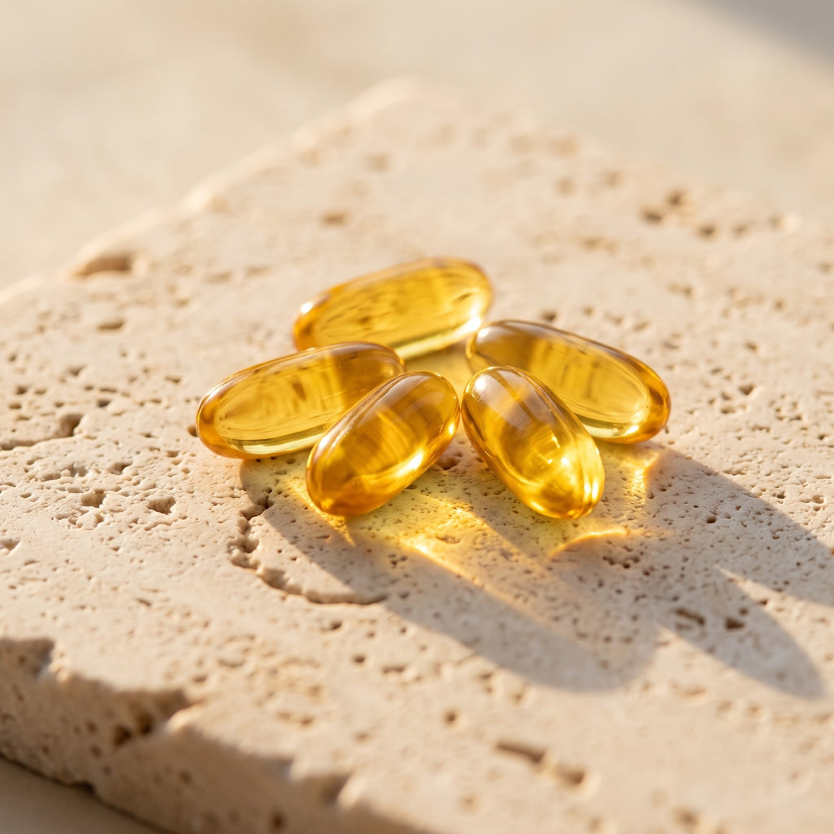 Golden softgels on travertine in morning light