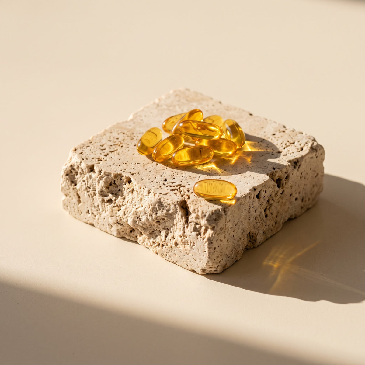 Softgels on a travertine block