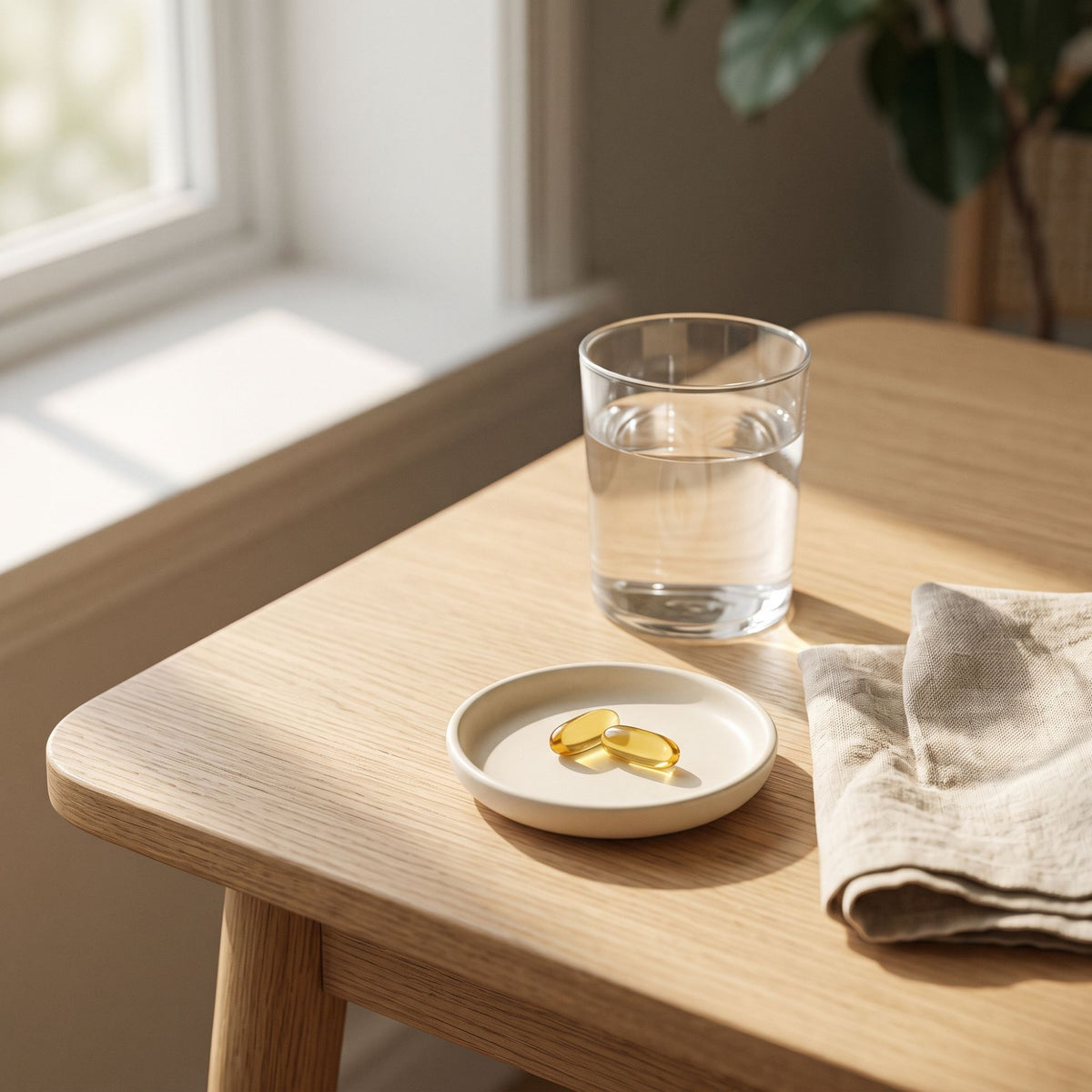 Two softgels on a ceramic dish beside a glass of water