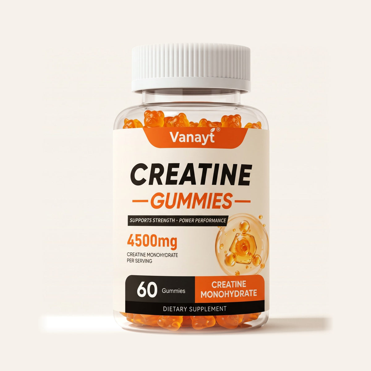 Bottle of Vanayt Creatine Monohydrate Gummies, 60 orange gummies